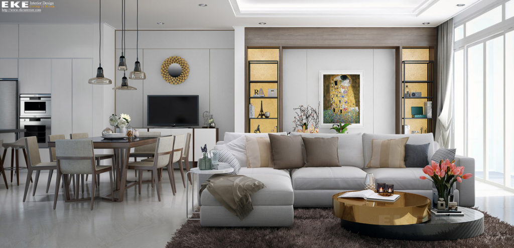 Thiết kế nội thất phòng khách  với gỗ công nghiệp