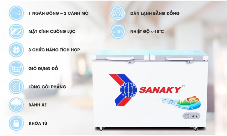 Tủ đông Sanaky VH3699A2K 1 chế độ, kính cường lực