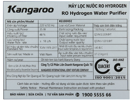 Máy lọc nước RO Hydrogen Kangaroo KG100HD2 8 lõi