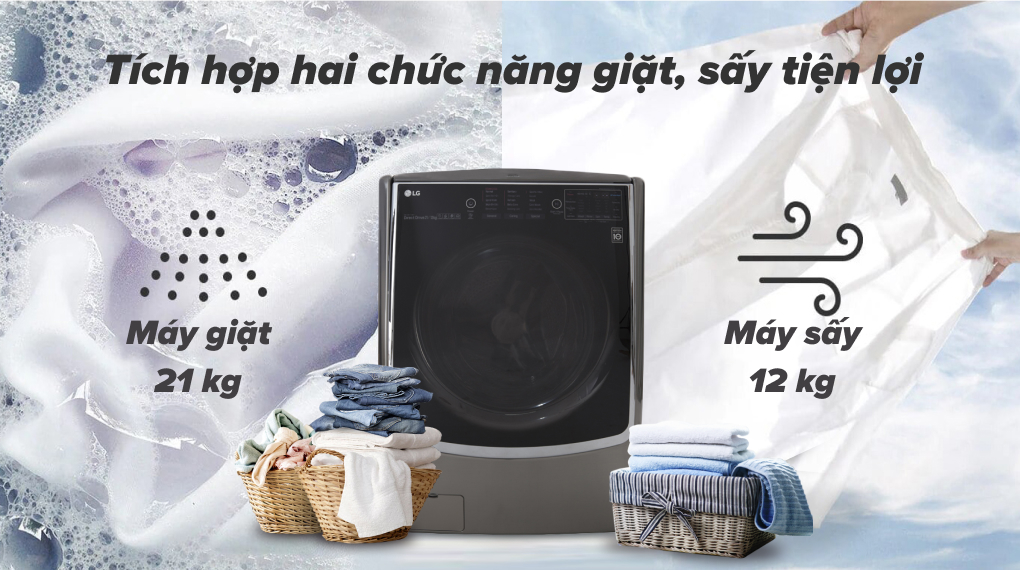 Máy giặt sấy LG Inverter 21 kg F2721HTTV 12kg sấy lồng ngang màu xám Inverter