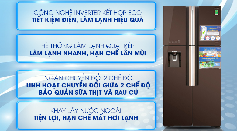 Tủ lạnh Hitachi Inverter 540 lít R-FW690PGV7 GBW làm đá tự động lấy nước ngoài nâu cafe