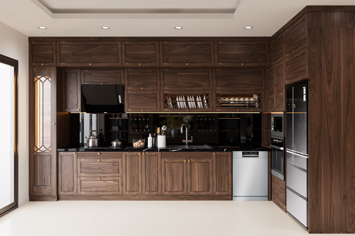 Mẫu thiết kế tủ bếp gỗ óc chó đẹp nhất 2021