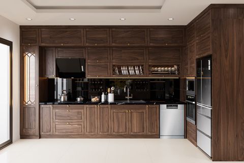 Mẫu thiết kế tủ bếp gỗ óc chó đẹp nhất 2021