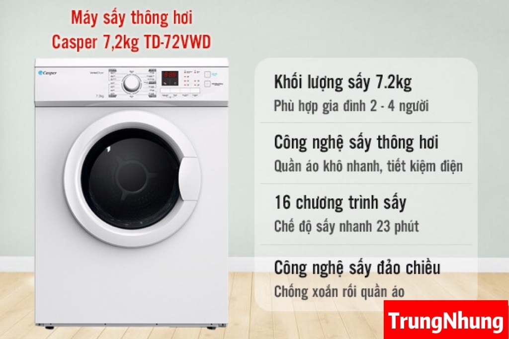 Máy sấy quần áo Casper TD-72VWD, 7.2kg, màu trắng