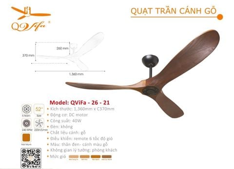 Quạt trần trang trí hiện đại cánh gỗ QVifa - 26 - 21