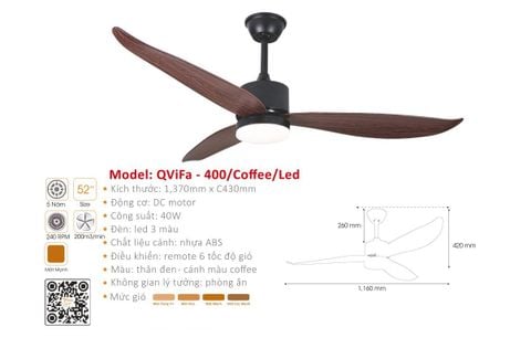 Quạt Trần Trang Trí Hiện Đại Cánh Nhựa QVifa - 400/Đen
