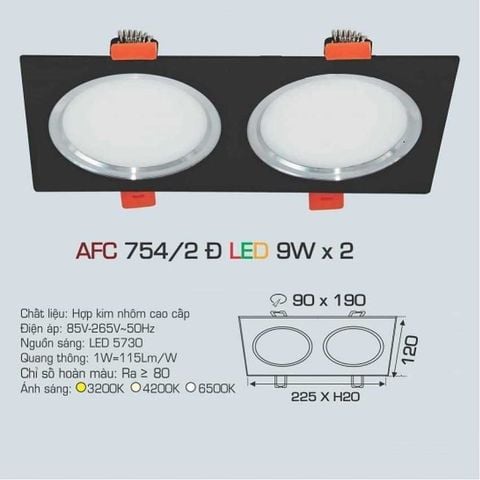 Đèn âm trần downlight Anfaco LX 754/2 Đ 9Wx2 1C