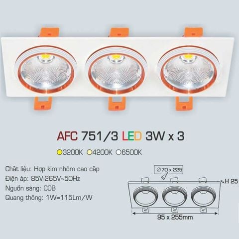 Đèn âm trần downlight Anfaco AFC 751/3 3Wx3