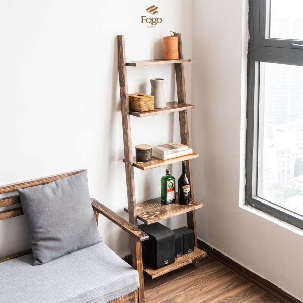  Kệ thang gỗ nâu rustic 5 tầng 