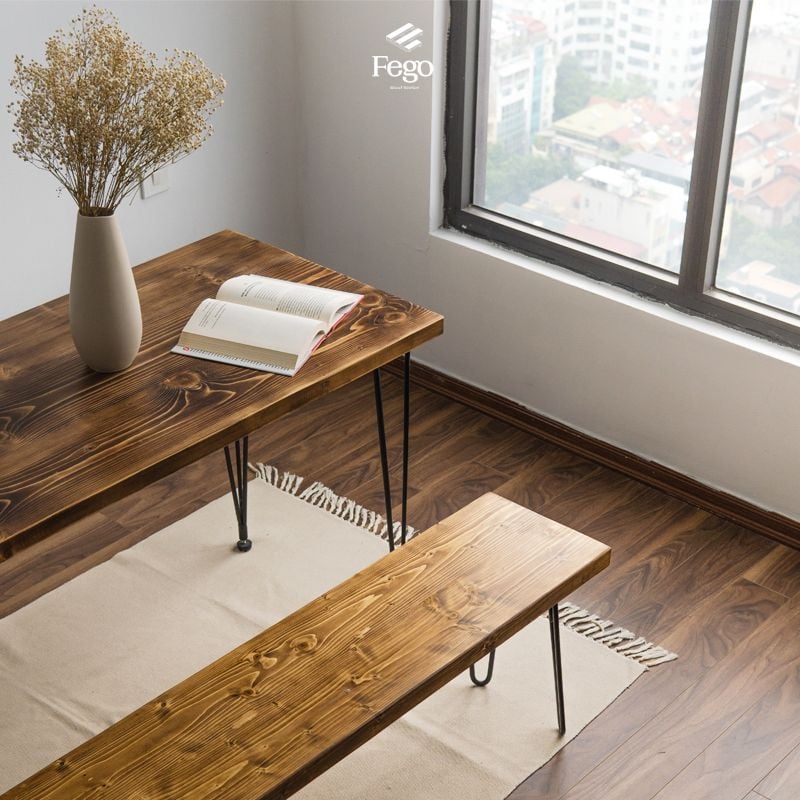  Ghế băng chân sắt Fego/ Ghế dài ngồi phòng ăn, phòng khách bằng gỗ tự nhiên 