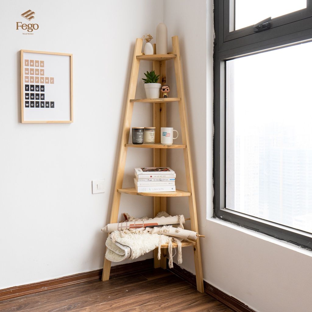  Kệ thang góc tường chữ A gỗ thông tự nhiên 5 tầng 