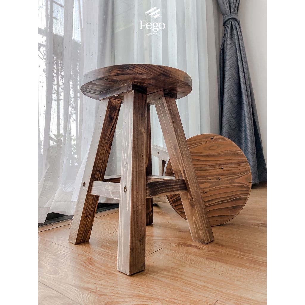  Ghế đôn gỗ thông FEGO mặt tròn vân gỗ nổi trang trí decor 