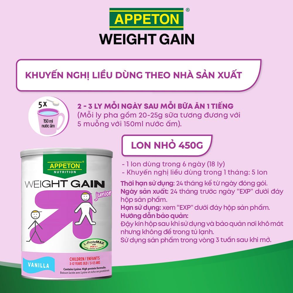 Sữa Tăng Cân Cho Trẻ Em Appeton Weight Gain Junior hương Vanila 450g