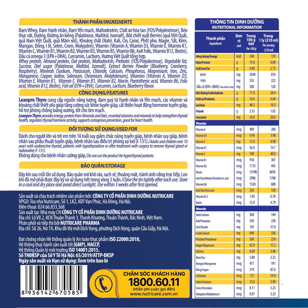  Combo 04 lon thực phẩm dinh dưỡng y học Leanpro Thyro 900g 