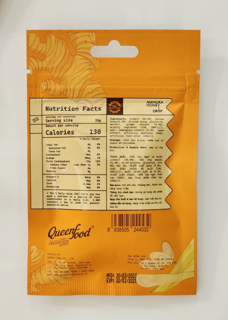  KẸO GỪNG MẬT ONG MANUKA (Kẹo sản xuất bằng đường Isomalt) 