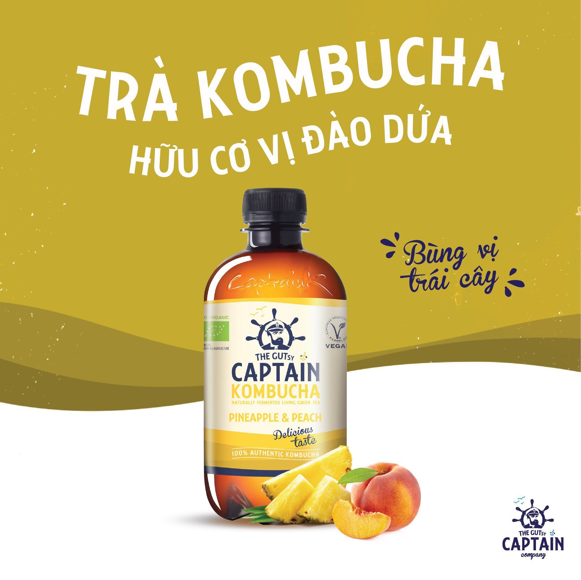  Trà dưỡng sinh Kombucha hữu cơ vị đào dứa 400ml The GUTsy 