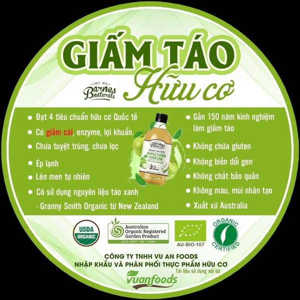  Giấm táo hữu cơ Apple Cider Vinegar Barnes Naturals chai 500ml 