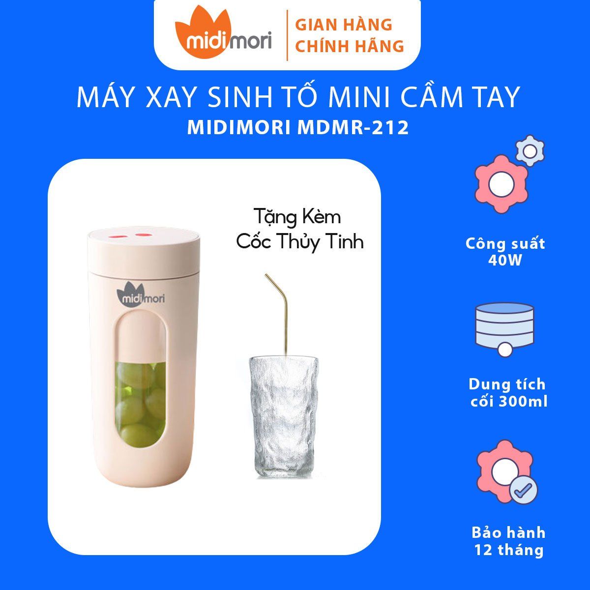  Máy Xay Sinh Tố Mini Cầm Tay Đa Năng Midimori MDMR-212 Tặng Kèm Ly Thủy Tinh Cao Cấp -  Hàng Chính Hãng 