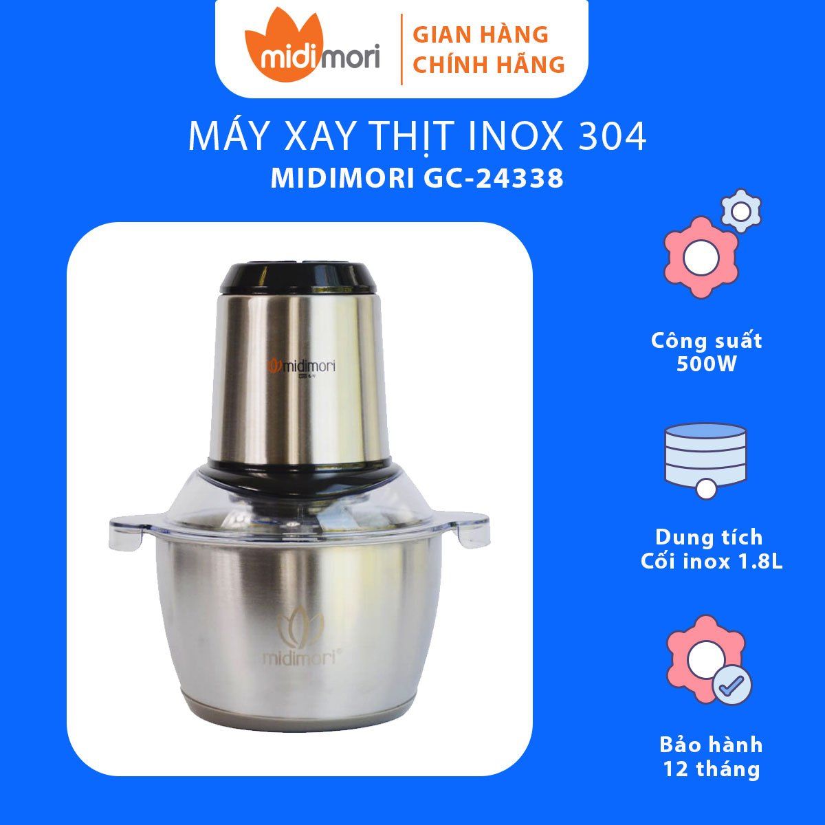  Máy xay thịt đa năng Midimori chopper Inox 304 GC-24338 (500W) - Hàng chính hãng 