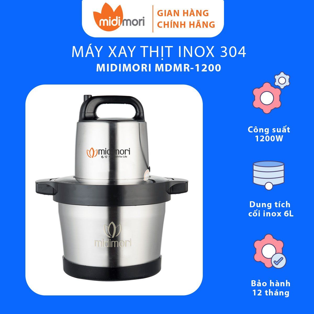  Máy xay giò chả, xay cua đa năng gia đình Midimori 1200W - 6L - Hàng chính hãng 