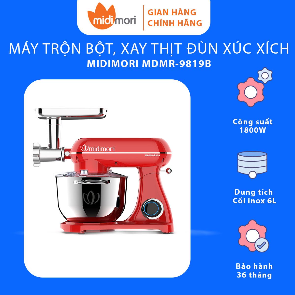  Máy nhào trộn bột, xay thịt đùn xúc xích Midimori 1800W, thân khung thép, cối inox 6 lít 