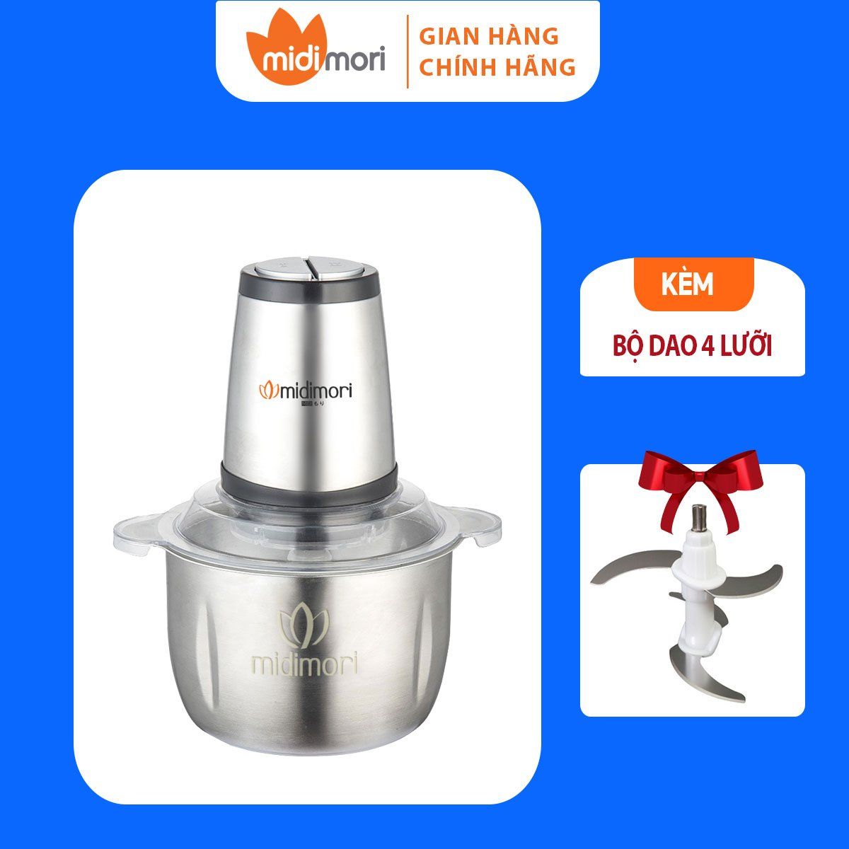  Máy Xay Thịt Cối Inox 3 Lít Midimori (800W) -  Tặng Kèm 1 Bộ Lưỡi Dao (4 Lưỡi) Dự Phòng - Hàng Chính Hãng 