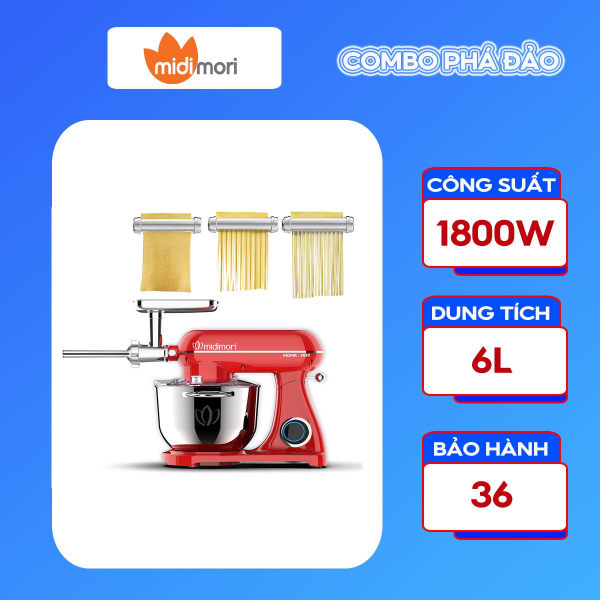  Máy Trộn Bột Xay Thịt, Đùn Xúc Xích, Cán Bột Cắt Mỳ Thành Sợi Thân Khung Thép Midimori, MDMR-9819D (1800W) - Hàng Chính Hãng 