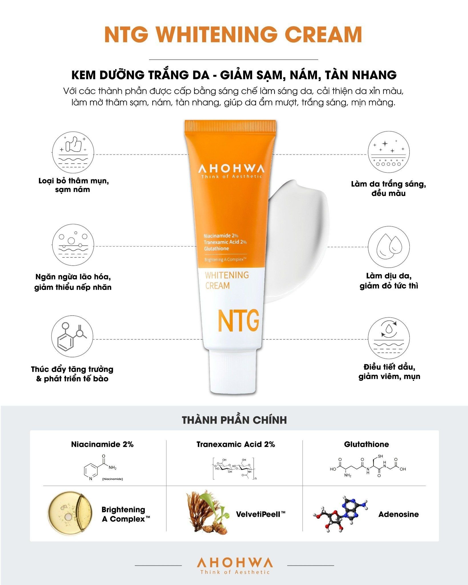  Kem dưỡng trắng da, giảm sạm - nám - tàn nhang Ahohwa Whitening Cream NTG (50ml) 