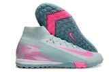  Giày Bóng Đá Cỏ Nhân Tạo Mercurial Superfly 10 Cổ Cao Xám Xanh Logo Hồng TF 