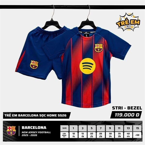  Bộ Quần Áo Bóng Đá Trẻ Em - Barca Sọc Sân Nhà 