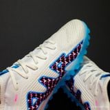  Giày Bóng Đá Cỏ Nhân Tạo Mercurial Vapor 15 Pro Airzoom Bo Thun Trắng Logo Tím Đế Xanh Da TF 
