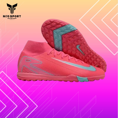  Giày Bóng Đá Cỏ Nhân Tạo Mercurial Superfly 10 Cổ Cao Hồng Đậm Logo Xanh TF 