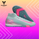  Giày Bóng Đá Cỏ Nhân Tạo Mercurial Superfly 10 Cổ Cao Xám Xanh Logo Hồng TF 