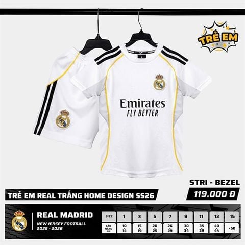  Bộ Quần Áo Bóng Đá Trẻ Em - Real Trắng Sân Nhà 