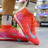  Giày Bóng Đá Cỏ Nhân Tạo Mercurial Superfly 10 cổ cao Đỏ Hồng Logo Xanh Ngọc TF 