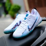  Giày Bóng Đá Cỏ Nhân Tạo Mercurial Vapor 15 Pro Airzoom Bo Thun Trắng Logo Tím Đế Xanh Da TF 