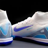  Giày Bóng Đá Cỏ Nhân Tạo Mercurial Superfly 10 Cổ Cao Trắng Đế Xanh Bích Hologram TF 