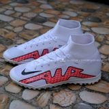  Giày Bóng Đá Cỏ Nhân Tạo Mercurial Zoom Vapor 15 Superfly 9 Elite Cổ Cao Trắng Logo Đỏ TF 