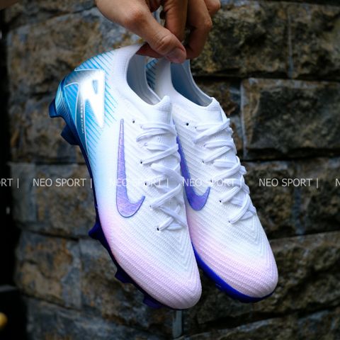  Giày Bóng Đá Cỏ Tự Nhiên Mercurial Vapor 16 Elite Bo Thun Trắng Xanh Hologram FG 