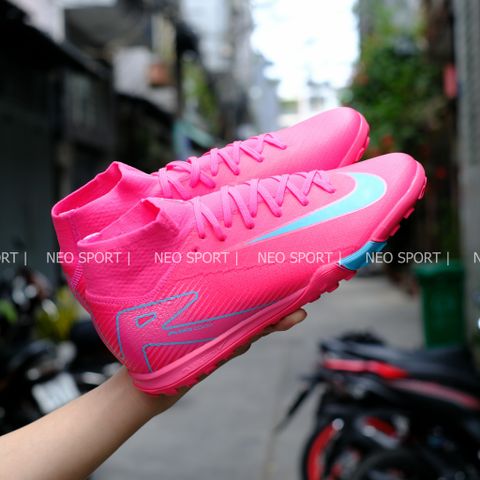  Giày Bóng Đá Cỏ Nhân Tạo Mercurial Superfly 10 Cổ Cao Hồng Đậm Logo Xanh TF 