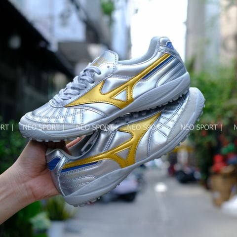  Giày Bóng Đá Cỏ Nhân Tạo Mizuno Morelia Sala Xám/Vạch Vàng Đinh Tròn TF 