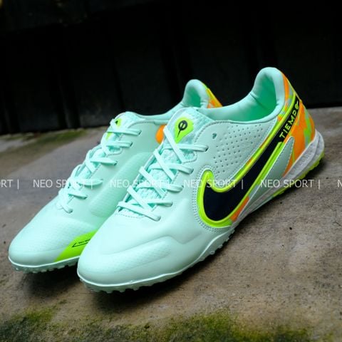 Giày Bóng Đá Cỏ Nhân Tạo Tiempo 9 Pro Xanh Mint Gót Cam TF 