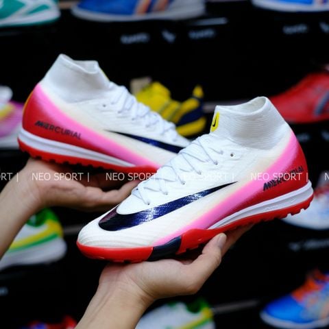  Giày Bóng Đá Cỏ Nhân Tạo Mercurial Superfly 10 Cổ Cao Trắng Gót Đỏ Hồng TF 