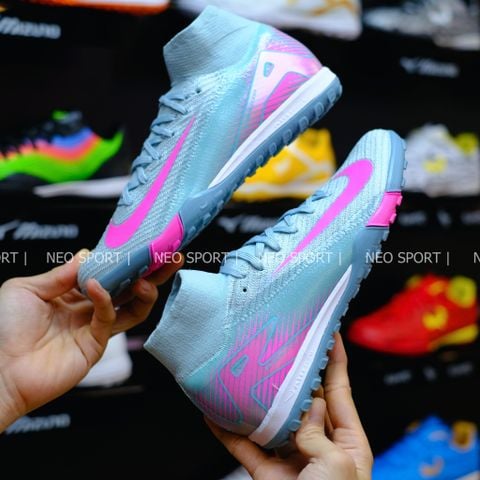  Giày Bóng Đá Cỏ Nhân Tạo Mercurial Superfly 10 Cổ Cao Xám Xanh Logo Hồng TF 