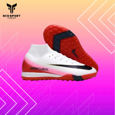  Giày Bóng Đá Cỏ Nhân Tạo Mercurial Superfly 10 Cổ Cao Trắng Gót Đỏ Hồng TF 