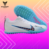  Giày Bóng Đá Cỏ Nhân Tạo Mercurial Vapor 15 Pro Airzoom Bo Thun Trắng Logo Tím Đế Xanh Da TF 