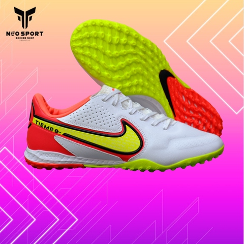  Giày Bóng Đá Cỏ Nhân Tạo Tiempo 9 Pro bo thun Trắng gót Cam, Đế Hai Màu TF 
