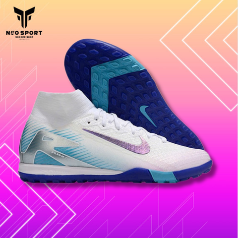  Giày Bóng Đá Cỏ Nhân Tạo Mercurial Superfly 10 Cổ Cao Trắng Đế Xanh Bích Hologram TF 