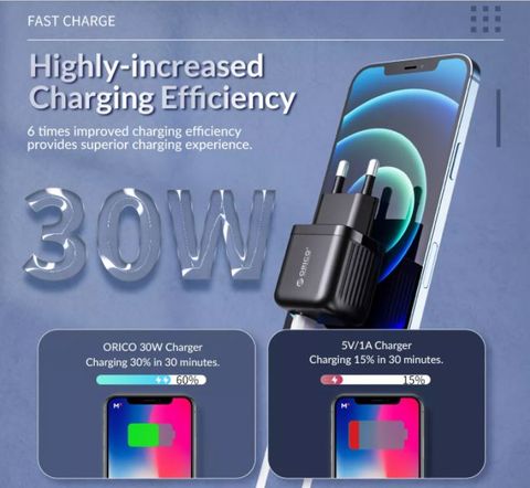  Củ sạc nhanh 1 cổng Type-C 30W ORICO cho Iphone/Smartphone/Macbook/Ipad - PT30-C-EU-BP 