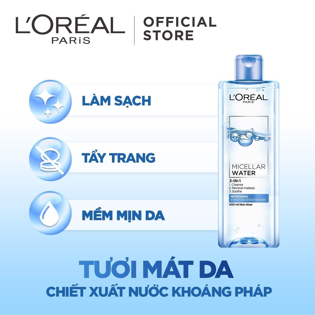  Nước Làm Sạch Và Tẩy Trang - Tươi Mát (Xanh Dương Nhạt) | L'Oreal Paris 3-in-1 Micellar Water Refreshing Even For Sensitive Skin 